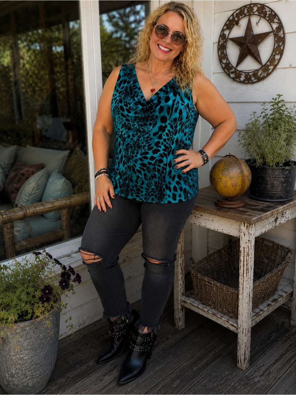 N Natori 3X Teal Black Animal Print Cowl Neck Sleeveless Top Plus Size